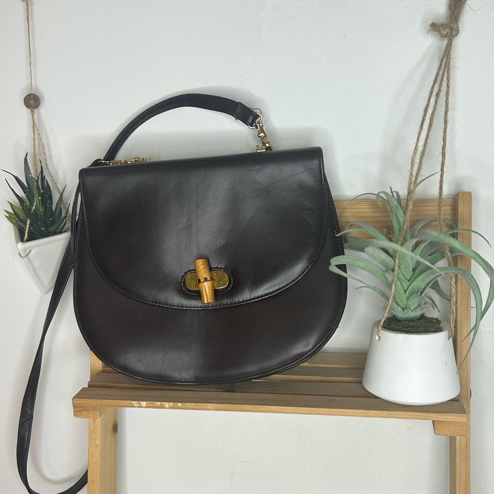 Women's Dark Brown Leather Shoulder Bag with Bamboo Turn-Lock
